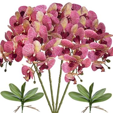 Imagem de FagusHome Flores artificiais Phalaenopsis de 81 cm, 4 peças com 2 feixes de folhas, orquídeas artificiais, plantas com caule, borboleta falsa, flores Phalaenopsis, para decoração de festa de casamento