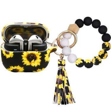 Imagem de PowerDriver Capa compatível com Samsung Galaxy Buds 3 e Galaxy Buds 3 Pro (2024), linda capa protetora de silicone de carregamento sem fio com pulseira chaveiro para mulheres e meninas (girassol)