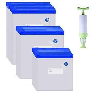 Imagem de Sacos Sous Vide 21 pacotes de sacos reutilizáveis para armazenamento de alimentos a vácuo, com 3 tamanhos de sacos de comida a vácuo, 1 bomba de mão, 2 clipes de vedação para armazenamento de alimentos e cozimento Sous Vide