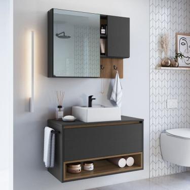 Imagem de Conjunto para Banheiro Gabinete Suspenso 80cm com Toalheiro Cuba e Espelheira Cj8060.10 Mel/Grafite