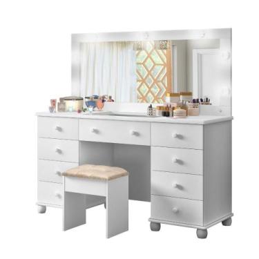 Imagem de Penteadeira Camarim com 9 Gavetas Branco e Banqueta Branca Acetinado P