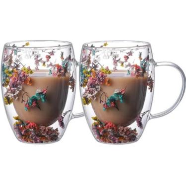 Imagem de Kit 2x Copos De Vidro Flor Seca Duplo Copo Flores Secas Xicara Caneca 