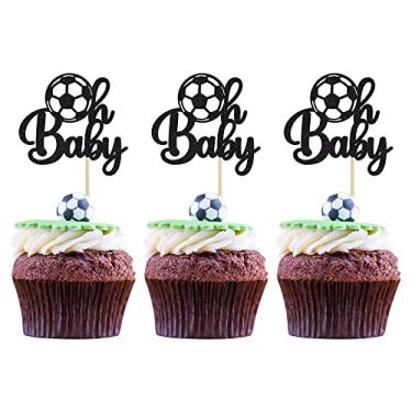 Imagem de Gyufise 24 peças Soccer Oh Baby Cupcake Toppers Preto Glitter Futebol Oh Baby Cake Toppers Tema Esportivo Decorações de Bolo de Chá de Bebê para Chá de Bebê Revelar Festas Suprimentos de Decoração de Bolo