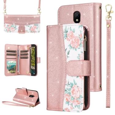 Imagem de Furiet Capa carteira floral para Nokia C100 4G LTE N152DL com zíper e alça de ombro, capa de telefone com suporte de cartão de couro PU com glitter de luxo para C 100 100C 5.45 2022 TA1484 ouro rosa