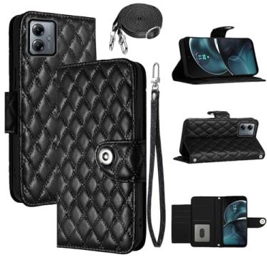 Imagem de Dswteny Capa carteira para Motorola Moto G14 com alça de ombro transversal, padrão Argyle PU couro flip suporte para cartão de crédito capa para celular MotoG14 G 14 meninas mulheres preta