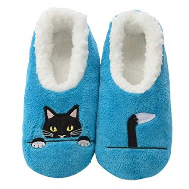 Imagem de Snoozies Pantufas femininas antiderrapantes felpudas para gatos, Peek-a-boo-blue, Medium