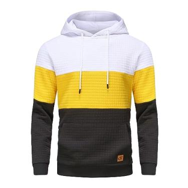 Imagem de Yundobop Moletom masculino com capuz xadrez jacquard manga longa cordão hipster casual moletom com capuz e bolsos Kanga, 2 - branco/amarelo/preto, G