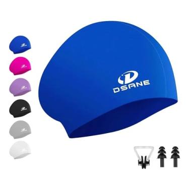 Imagem de Touca de natação feminina de silicone para cabelos longos, design ergonômico 3D, toucas de natação de silicone para mulheres, crianças, homens, adultos, meninos, meninas, com tampão de ouvido e clipe