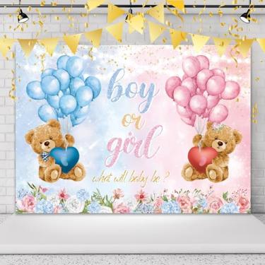 Imagem de Omifly Urso revelação de gênero 18 cm L x 12 A pano de fundo para fotografia menino ou menina balão rosa azul rosa rosa para chá de bebê recém-nascido fundo decorações de festa mesa de bolo banner