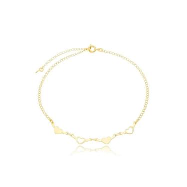 Imagem de Tornozeleira Elos Corações E Coração Pendurado Banhados A Ouro 18k