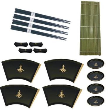 Imagem de Kit Oriental Conjunto 4 Pessoas Comida Japonesa Leque Hashi Esteira Su