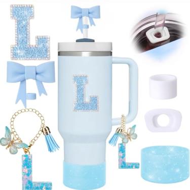 Imagem de Conjunto de 6 peças de acessórios de copo Stanley azul, topo de canudo de arco para copo Stanley 850 g 1,134 g, incluindo cobertura de palha e bota de silicone brilhante, tampas à prova de