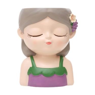 Imagem de Fenteer Cartoon Girl Planter Vaso de Plantas Decorativo Vaso de Mesa Pequeno Vaso de Flores de Resina para Ao Ar Livre Prateleira de Entrada Interna, Cinza Violeta