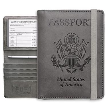 Imagem de WALNEW Conjunto de porta-passaporte e porta-cartão de vacina, carteira de viagem, bloqueio de RFID, capa de couro PU com compartimento protetor para cartão de vacina, Cinza