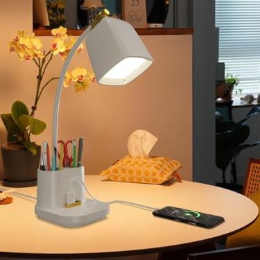 Imagem de Lâmpada de mesa de LED com 2 portas de carregamento USB, 2 suportes de caneta, 3 modos de cores, luz de leitura regulável, luz de mesa, lâmpada de mesa de LED pequena flexível com toque de pescoço de