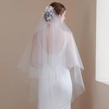 Imagem de soulshow Véus de casamento cobertos de flor branca para noivas feito à mão pérola 2 camadas véu de despedida de solteira com pente véu de noiva acessórios de cabelo para casamento (BV201)