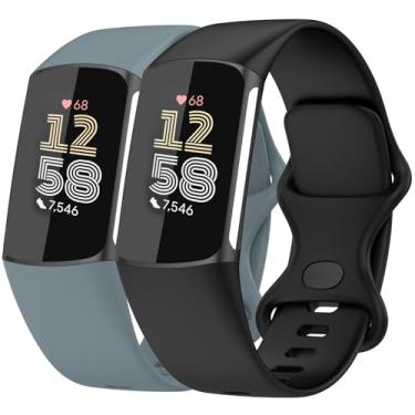 Imagem de Nacorulu Compatível com pulseiras Fitbit Charge 6/Fitbit Charge 5, pulseira de substituição de silicone macio para mulheres e homens, pacote com 2 (preto_azul cachoeira, pequeno (14 a 19,8 cm)