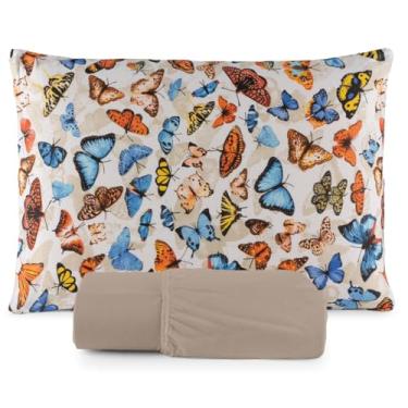 Imagem de Jogo de Lençol 100% Algodão com Fronhas, Malha Penteada 130g, Antialérgico, Vários Tamanhos (Solteiro, Borboleta)