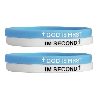 Imagem de LIU JUN Pulseira God Is First, pulseiras de borracha cristã inspiradoras gravadas versículos bíblicos cruz pulseira de silicone para mulheres homens presentes de fé, Large, Silicone, Sem Pedra