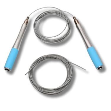 Imagem de Hyperwear Corda de salto de velocidade ajustável – Cabeça autotravante patenteada, suspensões de alumínio com alças de silicone serrilhadas (azul) e corda de arame bônus para CrossFit, Boxe e
