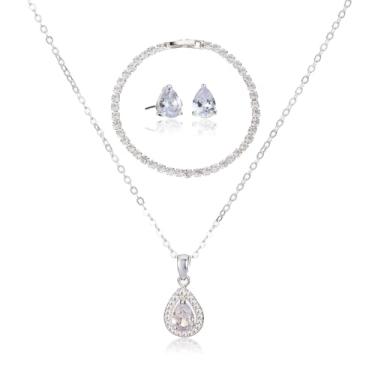 Imagem de ZHUWE Conjunto de joias de dama de honra, presente para festa de casamento, pingente de gota de cristal de zircônia cúbica, brinco e pulseira de tênis, banhado a ouro/rosa dourado/prata, Cobre,