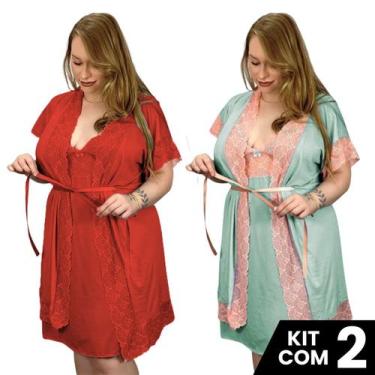 Imagem de Kit 2 Robes e 2 Camisolas Sexy Plus Sedutora Tamanho Grande Confortáve