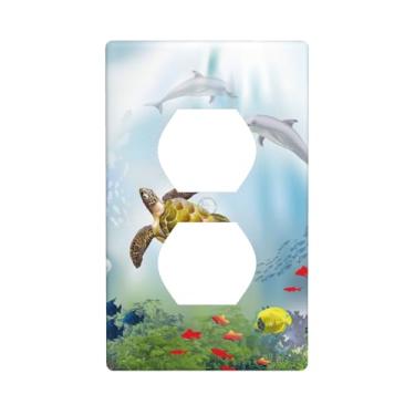 Imagem de Pznen Capa de tomada para paisagem subaquática tartaruga recife de coral e cardume de peixes placa de parede duplex 1 gangue padrão capa decorativa para casa escritório