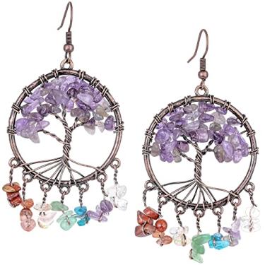 Imagem de Nupuyai Brincos com pingente de 7 chacras para mulheres, brinco de pedras caídas com borla de cristal, Cobre Pedra de cristal ametista Cobre, Pedra de cristal ametista