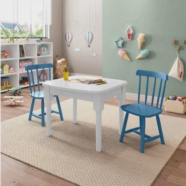 Imagem de Mesa Infantil com 2 cadeiras Mariah Madeira Maciça e Laca Casatema Branco/Azul Zimbro