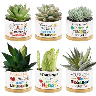 Imagem de 6 peças, presentes de agradecimento ao professor, vasos de suculentas, mini vaso de cerâmica com bandeja de bambu, vasos fofos e engraçados para o melhor professor, obrigado por me ajudar a cultivar