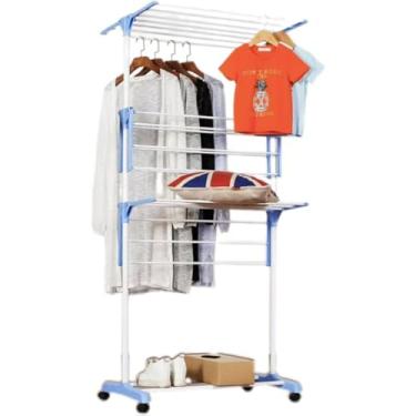 Imagem de Varal De Chão 3 Andares Dobrável Retrátil Aço 4 Rodas Azul，Adequado para varanda doméstica, interior, pode secar roupas, lençóis e outros tecidos(AZUL)