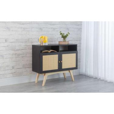 Imagem de Balcão Buffet Mdf Preto Pés Taeda 2 Portas Com Nicho E Palhinha Retrô 