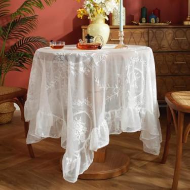 Imagem de Toalha de mesa bordada floral de renda redonda branca para mesa de jantar retangular para festa de casamento (140x180cm/BRANCO)