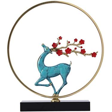 Imagem de QLDFX Ornamento de arte de estátua exibição de mesa estilo chinês enfeites de veado de cobre puro de alta qualidade estátua de veado sala de estar armário de TV entrada luz moderna decoração de luxo