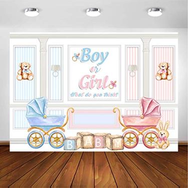 Imagem de Avezano Carruagem de bebê, pano de fundo revelador de gênero, urso, decoração de festa para menino ou menina, fundo fotográfico rosa ou azul (2,1 x 1,5 m)