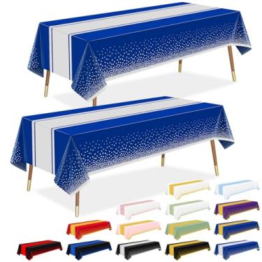 Imagem de LANLISA Toalha de mesa azul e prata, pacote com 12, toalhas de mesa descartáveis de plástico para formatura, aniversário, aposentadoria, baile de máscaras, decoração de festa