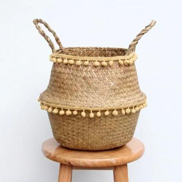 Imagem de PY3H69 Cesta de armazenamento de algas marinhas cesta de lavanderia de renda cesta de flores de vime natural organizador de brinquedos de palha preto e branco (amarelo, 32 x 28 cm)