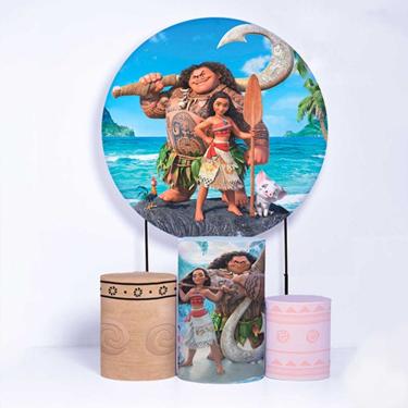 Imagem de Kit Painel de Festa Redondo de 1,30m e Trio de Cilindros Moana - Fera Print