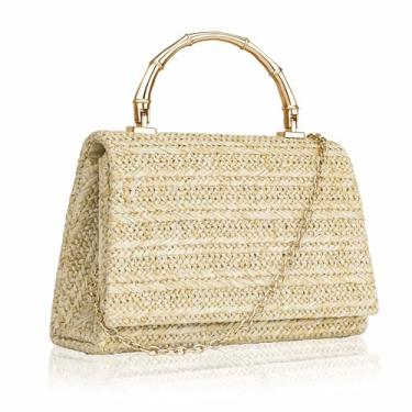 Imagem de Larcenciel Bolsas de palha para mulheres, bolsas de verão com alça superior tecida para noite com alça de bambu e alça de corrente, bolsas transversais de praia boho pequenas para festa de casamento