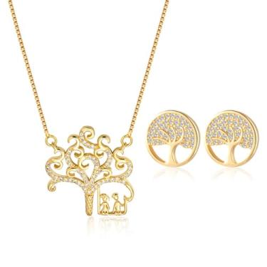 Imagem de FLORA CONJUNTO COLAR FOLHEADO A OURO 18K ÁRVORE/BALANÇO ZIRCÔNIA E BRINCO PIZZA FOLHEADO A OURO 18K COM ZIRCÔNIA
