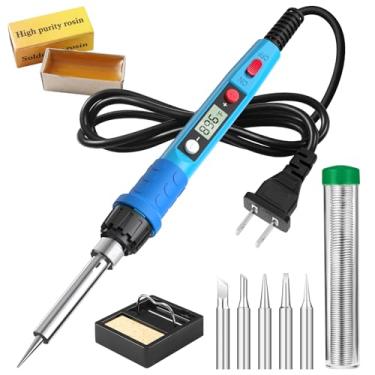 Imagem de Kit de ferro de solda, caneta digital de ferro de solda LCD de 80 W 110 V com aquecedor de cerâmica, ferramentas de soldagem portáteis com 5 pontas, suporte, fio de solda, esponja, pasta, para reparos
