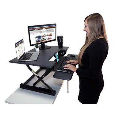 Imagem de Victor DCX710G Coleção de Cintura Alta Ajustável Mesa de Pé com Bandeja de Teclado (Cinza) - Moldura de Aço Resistente, Sistema de Liberação de Alavanca Dupla, Superfície de Trabalho de Madeira de 2 Camadas e Bandeja de Teclado