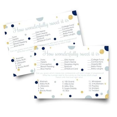 Imagem de Paper Clever Party Navy and Gold Baby Shower Games Candy Match 25 Pack Guess The Candies Cards - Twinkle Little Star Royal Prince - 4x6 Size Set