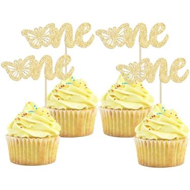 Imagem de Gyufise 24 peças de enfeite de cupcake de borboleta e um pingente dourado com glitter, para decoração de cupcake, para chá de bebê, meninas, festa de aniversário, decoração de bolo, suprimentos