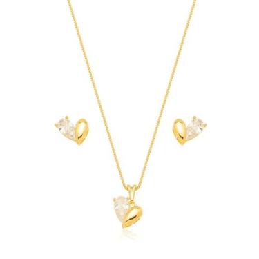 Imagem de Conjunto Colar e Brincos Coração com Detalhe Banhado a Ouro 18k - Atra