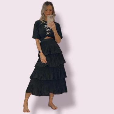 Imagem de Saia Midi Plissada Babados 4 Camadas Tecido Premium - RsStore, Preto, 