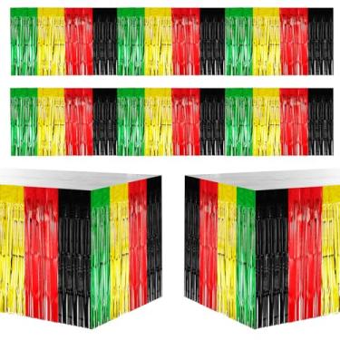 Imagem de Windkream Pacote com 2 saias de mesa com franjas metálicas para mesas retangulares e redondas, faixa de saia de mesa descartável para festa de 277 x 73 cm para o mês da história negra junho Kwanzaa