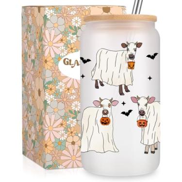 Imagem de Fairy's Gift Copos de vaca fantasma, copo de vidro de café gelado fosco de Halloween assustador de 473 ml com canudo de tampa, estampa de vaca fofa, recheios de cesta boo, presentes de Halloween para