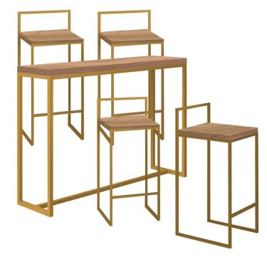 Imagem de Kit 4 Banquetas Lyno + 1 Mesa Bancada Aparador Mavye 150cm Ferro Dourado Caramelo - Amey Decor