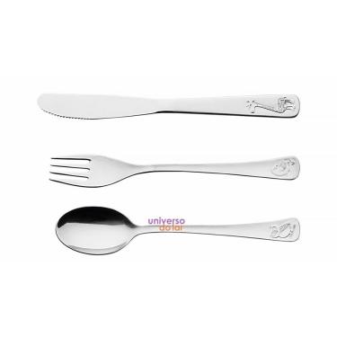 Imagem de Jogo De Talheres Infantil Baby Acabamento Brilho Com Desenho Em Alto Relevo 3 Pçs Aço Inox